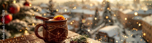 A steaming mug of Latvian karstvins with hot spiced wine and orange slices, served in a ceramic mug, set on a table with a backdrop of a snowy Latvian landscape photo