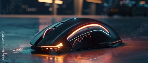 Closeup of a hightech digital mouse with illuminated, customizable buttons and sleek, ergonomic design photo