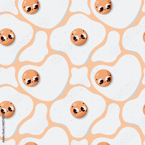 Vector hand drawn seamless pattern with cute eggs with faces good morning breakfast Wrapping design