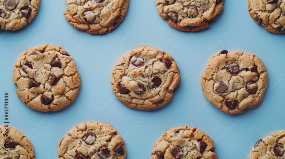 A row of chocolate chip cookies on a blue background. The cookies are all the same size and shape, and they are arranged in a neat row. The blue background gives the image a calm and peaceful mood A row of chocolate chip cookies on a blue background. The cookies are all the same size and shape, and they are arranged in a neat row. The blue background gives the image a calm and peaceful mood