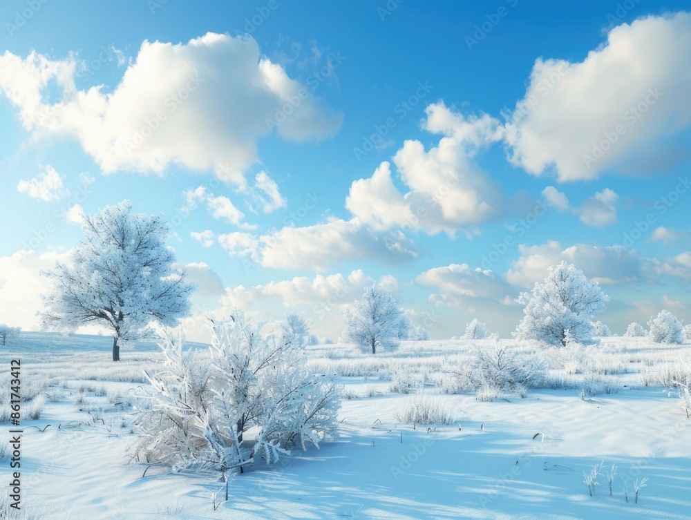 Snow-covered field with trees and bushes, great for winter scenes or nature photography Snow-covered field with trees and bushes, great for winter scenes or nature photography