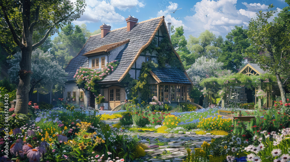 A house surrounded by a beautiful garden, where vibrant flowers bloom and lush greenery thrives. A house surrounded by a beautiful garden, where vibrant flowers bloom and lush greenery thrives.