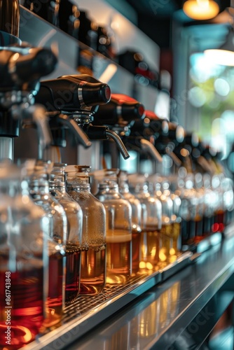 A row of bottles with different colored liquids on a counter. The bottles are arranged in a way that they are all facing the same direction