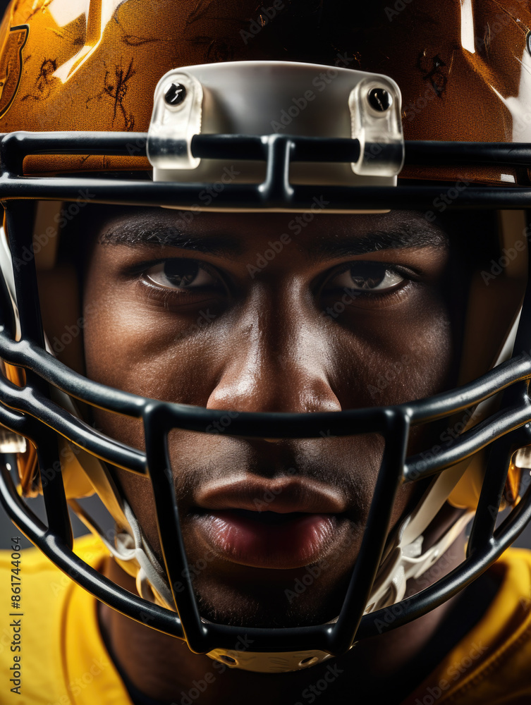 A man wearing a football helmet with a black face. The man is looking at the camera A man wearing a football helmet with a black face. The man is looking at the camera