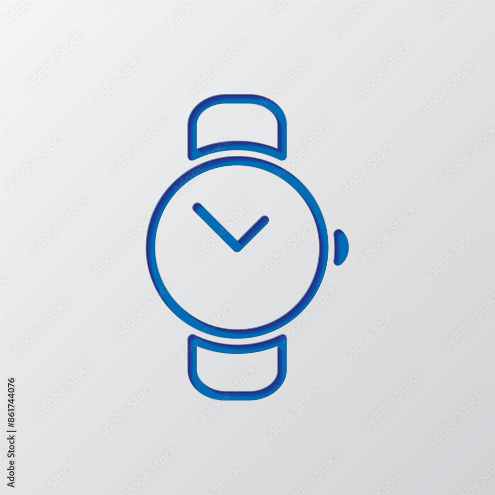 Hand watch simple icon vector. Flat design. Paper cut design. Cutted blue symbol with shadow. Gray background Hand watch simple icon vector. Flat design. Paper cut design. Cutted blue symbol with shadow. Gray background
