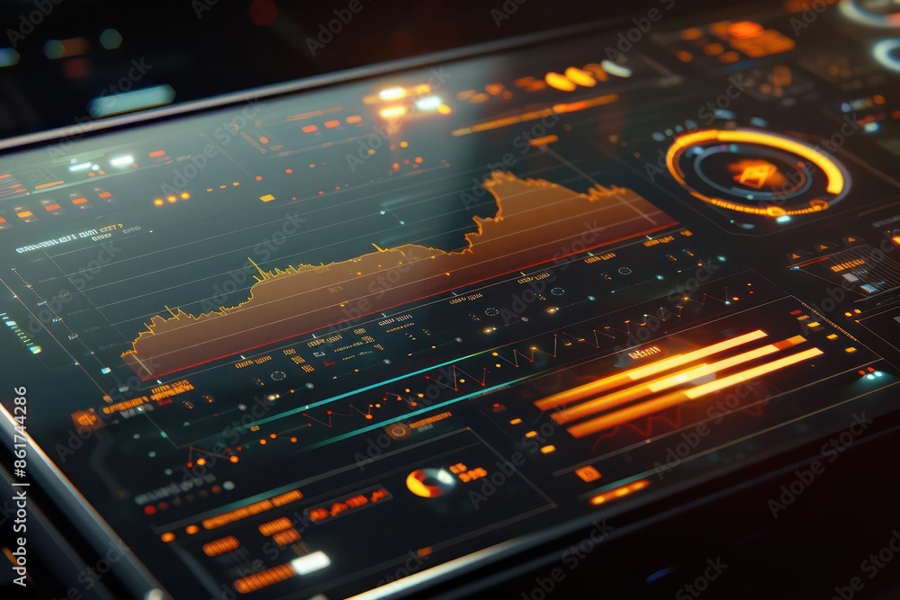Obraz premium Futuristic digital breakeven analysis tool with sleek graphs and interactive, touchsensitive projections