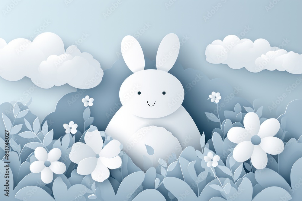 A rabbit is sitting in a field of flowers. The sky is cloudy and the flowers are scattered throughout the field. The rabbit is happy and content as it sits in the midst of the flowers A rabbit is sitting in a field of flowers. The sky is cloudy and the flowers are scattered throughout the field. The rabbit is happy and content as it sits in the midst of the flowers