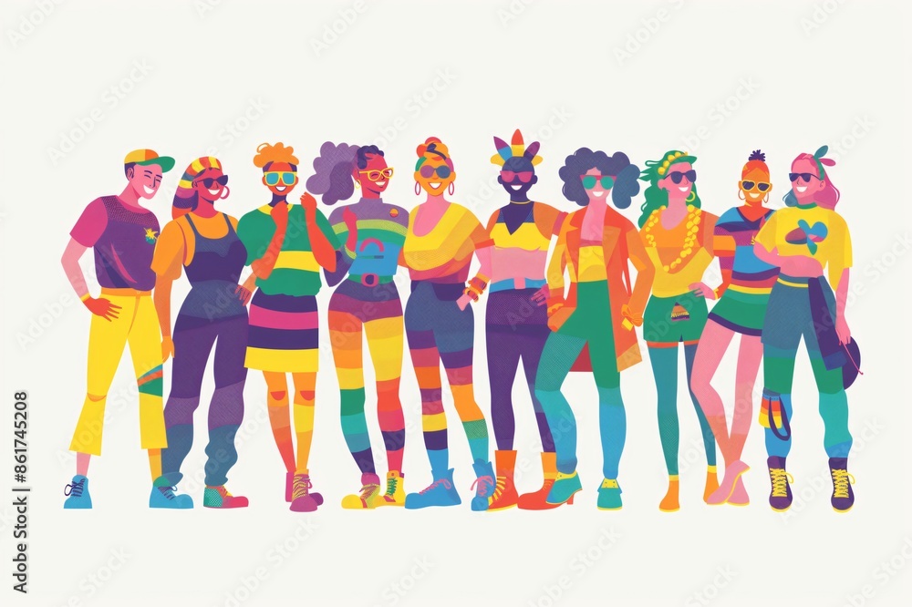 Obraz premium Diverse group of people standing together, wearing rainbow themed clothing and accessories, celebrating lgbtq plus pride