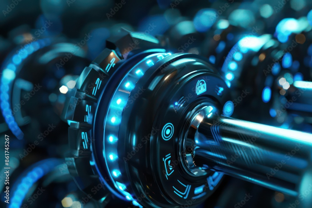 Hightech futuristic closeup of digital dumbbells with glowing weight indicators and sleek, ergonomic design Hightech futuristic closeup of digital dumbbells with glowing weight indicators and sleek, ergonomic design