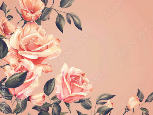 A flowery background with pink roses and green leaves. The roses are in various sizes and are scattered throughout the background. Scene is one of beauty and serenity