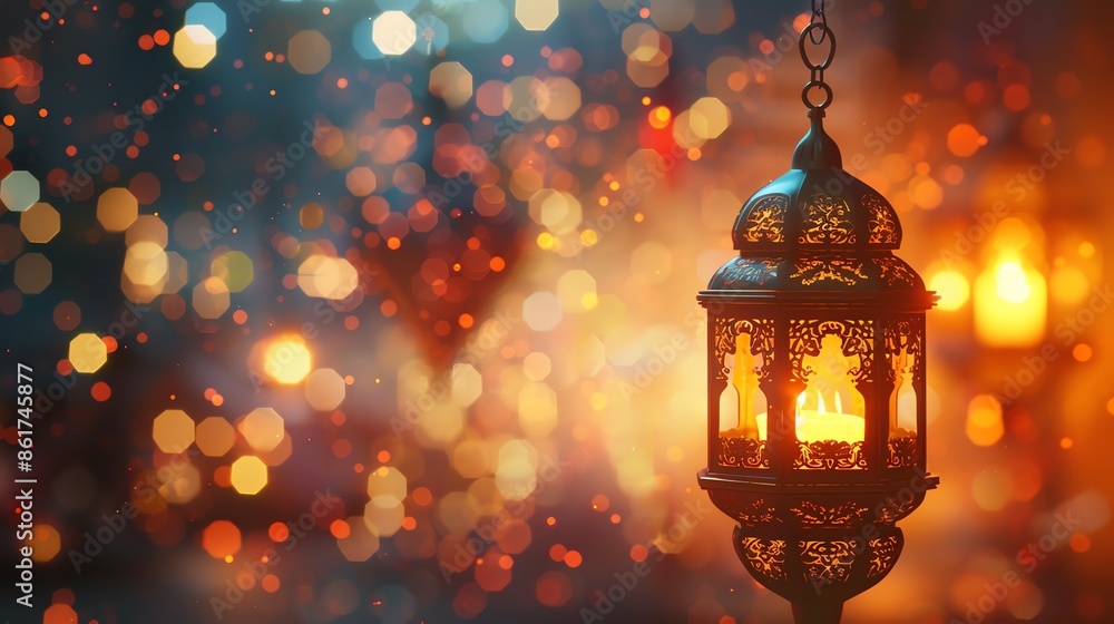 Ornamental Arabic lantern glowing against a blurred bokeh background. Celebrating Ramadan, Eid al-Fitr, Islam, and Muslim culture. Ornamental Arabic lantern glowing against a blurred bokeh background. Celebrating Ramadan, Eid al-Fitr, Islam, and Muslim culture.