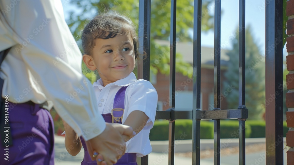 Obraz premium An emotional first day of school with a young student in a white shirt and purple pants, saying goodbye to a parent at the school gate, capturing heartfelt farewells.