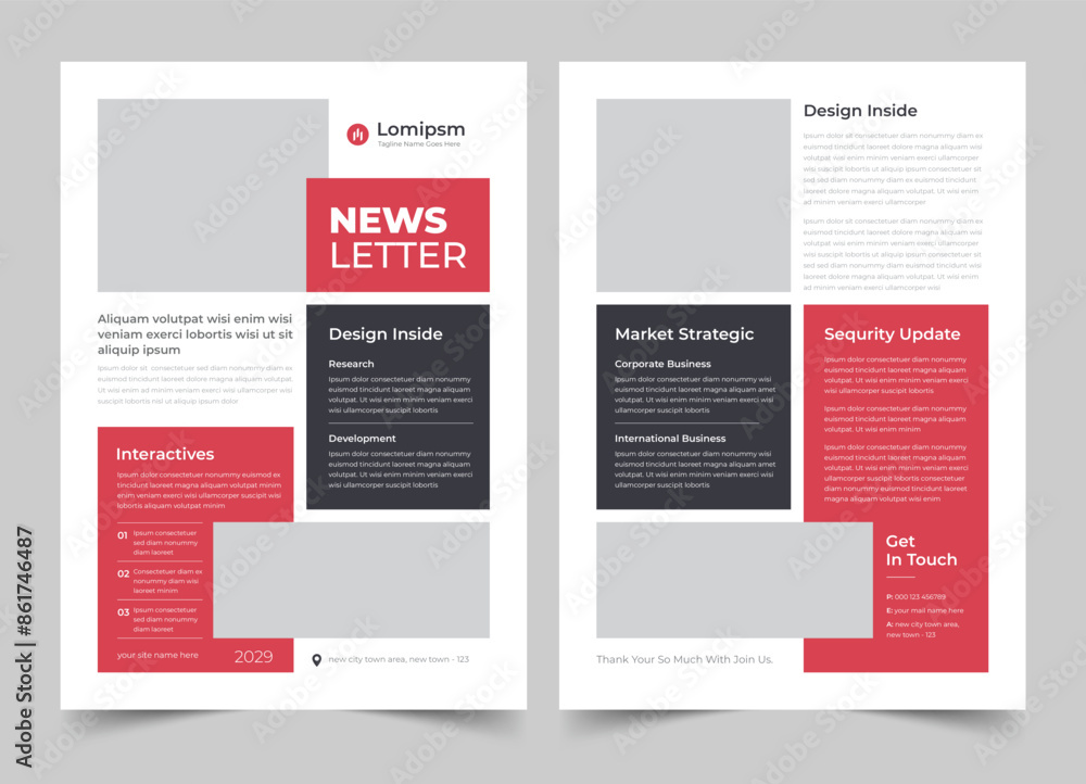 Newsletter Template Layout with Red Accents, Journal Design, Vector Newsletter Template Layout with Red Accents, Journal Design, Vector