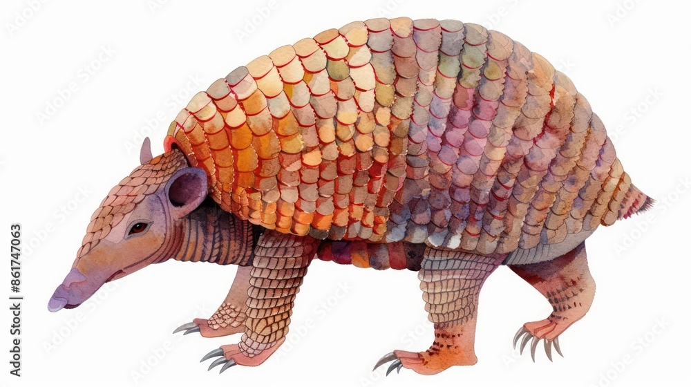 Obraz premium Watercolor clipart of a cute armadillo with textured scales and warm hues on a white background
