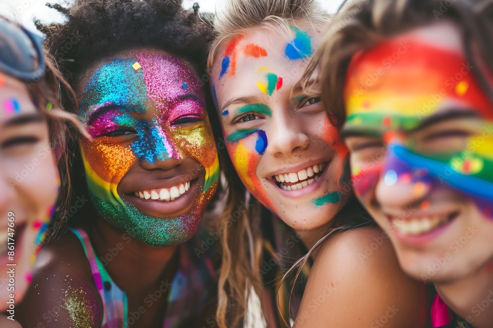 Young people are celebrating at a pride event, wearing rainbow makeup and smiling Young people are celebrating at a pride event, wearing rainbow makeup and smiling