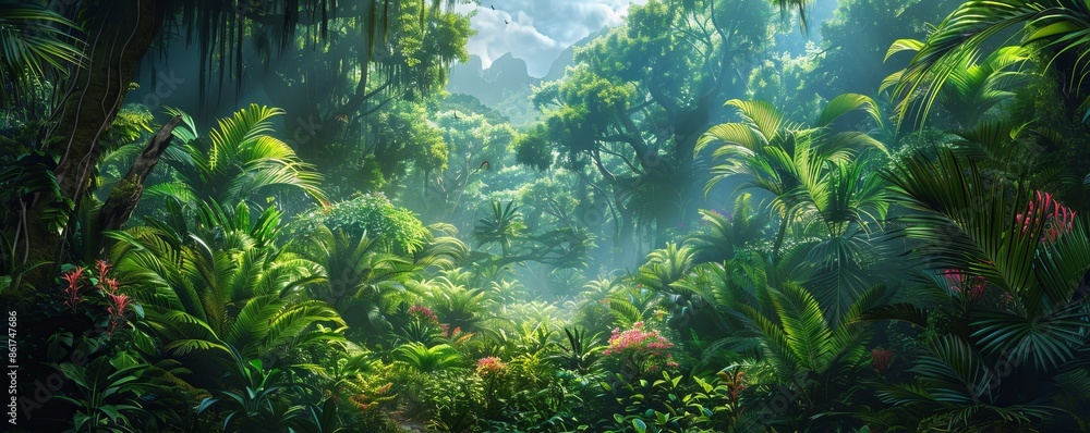 A dense rainforest teeming with life, its trees towering overhead and its undergrowth filled with exotic plants and animals. A dense rainforest teeming with life, its trees towering overhead and its undergrowth filled with exotic plants and animals.