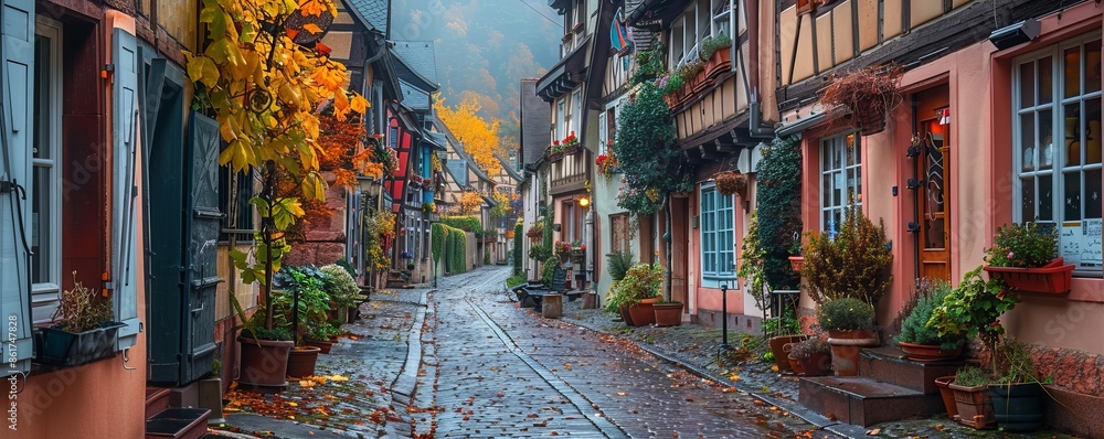 Fototapeta premium A quaint cobblestone street lined with charming shops, cafes, and old-fashioned buildings.