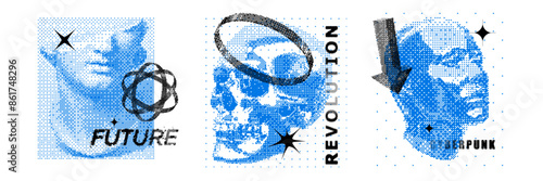 Retro futuristic pixel print, vector photocopy vintage collage illustration, skull, Greek woman head. Noise y2k contemporary rave sticker, brutal vintage trendy dot tattoo. Pixel print grain effect