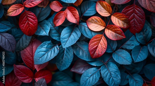 Wallpaper Mural Beautiful Fabric Pattern Featuring Delicate, Overlapping Leaves in Vibrant Metallic Teal and Red Colors. Elegant and Eye-Catching Design for Fashion and Home Decor Torontodigital.ca