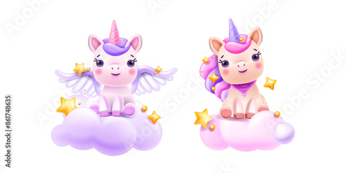 3D pink unicorn, vector baby boy girl cute pony print, children bedroom kawaii horse sticker, stars. Magic sky cartoon character, fairy tale adorable animal, flying clouds. 3D unicorn kids clipart