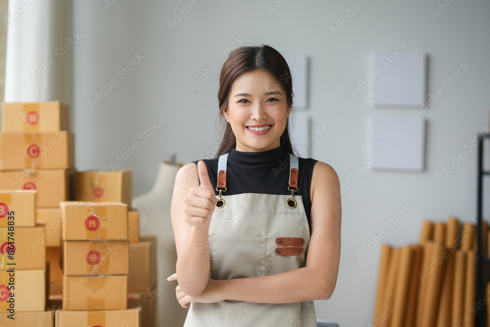 Asian sme business owner woman standing in front of cardboard boxes, showing thumbs up, smiling and feeling proud in warehouse Asian sme business owner woman standing in front of cardboard boxes, showing thumbs up, smiling and feeling proud in warehouse