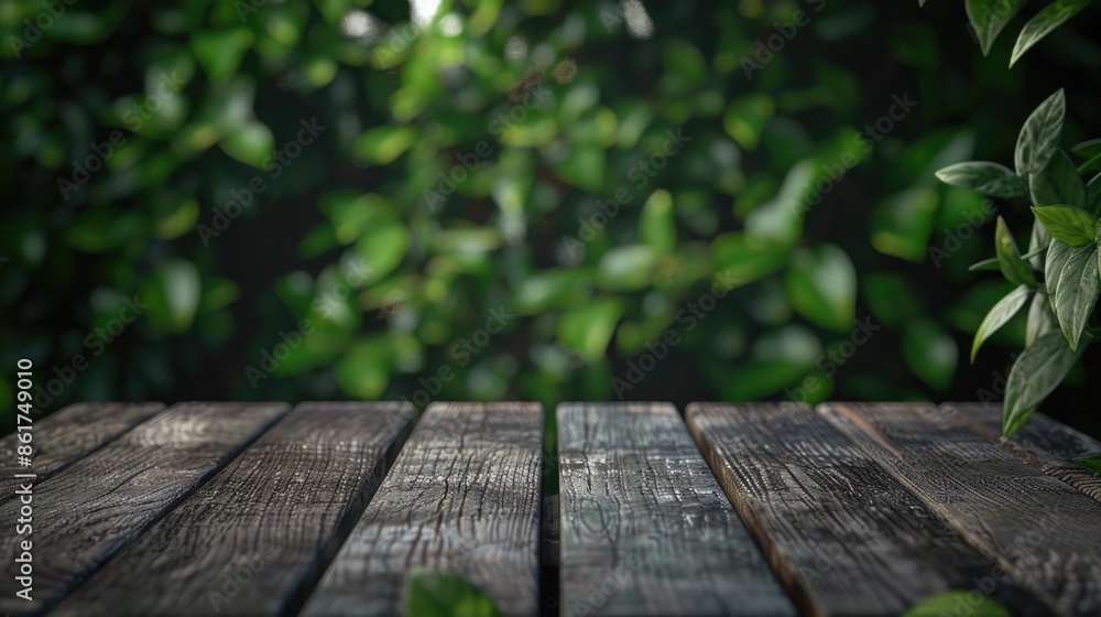 Fototapeta premium A wooden table with a green plant growing in the background
