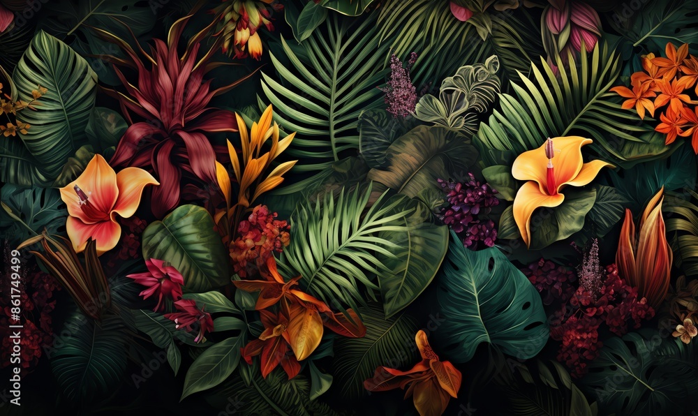 Lush Tropical Jungle. Vibrant floral pattern with exotic flowers and leaves. Design for wallpaper, fabric, or tropical themes. Lush Tropical Jungle. Vibrant floral pattern with exotic flowers and leaves. Design for wallpaper, fabric, or tropical themes.