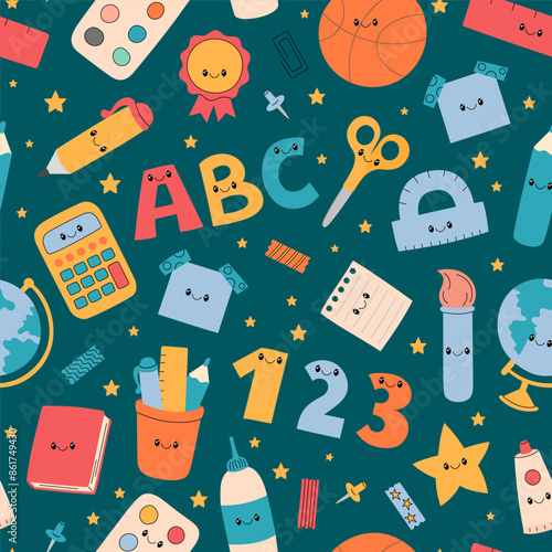 Elementary school seamless pattern. Vector background with cute educational characters, elements. School supplies, accessories, tools. Funny office stationery repeating illustration