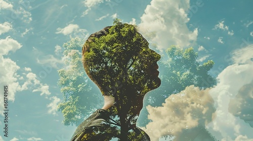 Double Exposure of Man's Silhouette with Lush Green Trees. Artistic Blend of Human Profile and Nature, Symbolizing Harmony, Environmental Awareness, and Inner Peace