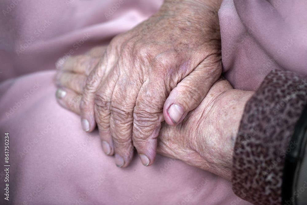 Fototapeta premium The hands of an old wrinkled woman. The concept of loneliness, fatigue, illness and powerlessness.