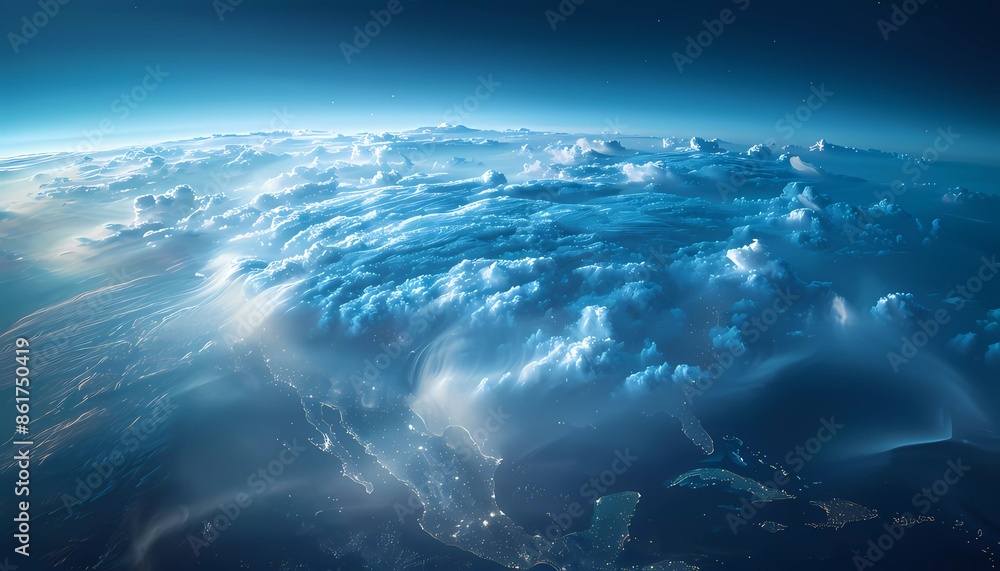 Data Cloud Over North America, aerial view of North America obscured by a translucent cloud, digital data streams, concentrated data center hubs Data Cloud Over North America, aerial view of North America obscured by a translucent cloud, digital data streams, concentrated data center hubs