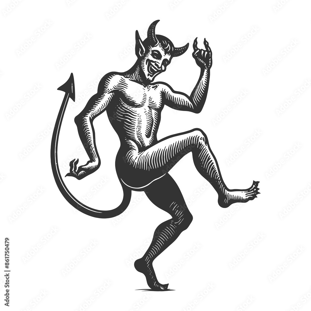 dancing devil with horns and tail, showcasing a mischievous and playful character sketch engraving generative ai fictional character raster illustration. Scratch board imitation. Black and white image dancing devil with horns and tail, showcasing a mischievous and playful character sketch engraving generative ai fictional character raster illustration. Scratch board imitation. Black and white image