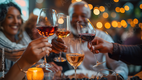 Senior couple attending  wine tasting event, clinking glasses, savoring wines