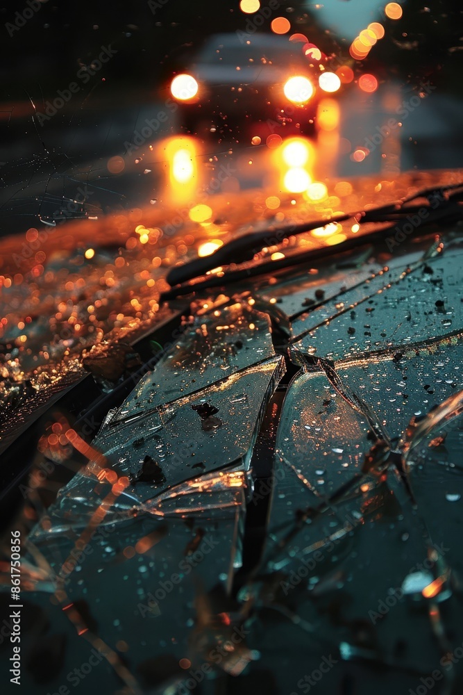 Shattered windshield with emergency lights Shattered windshield with emergency lights