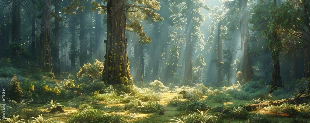 Φωτογραφία Ancient redwood forest, towering trees, moss-covered trunks, filtered sunlight, woodland giants, primeval beauty