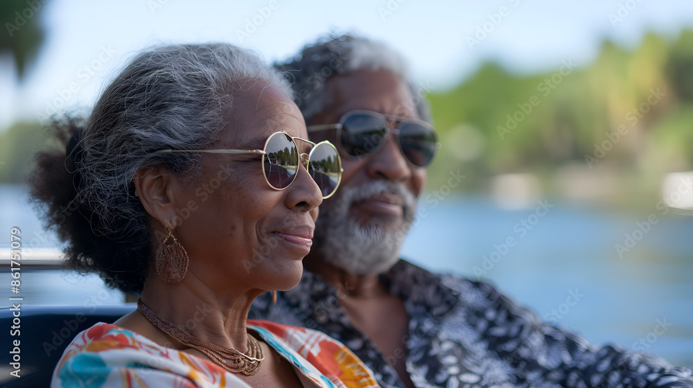 Senior ethnic couple having boat ride on calm lake, wearing sunglasses and relaxing Senior ethnic couple having boat ride on calm lake, wearing sunglasses and relaxing