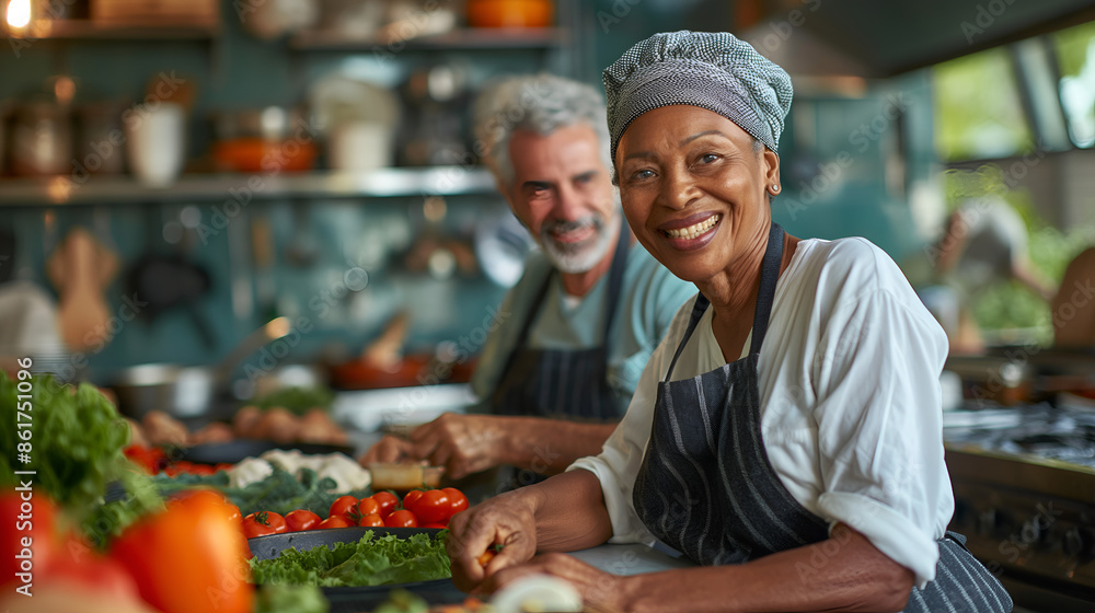 Retired senior interracial couple in cooking class, following instructions, trying new recipes Retired senior interracial couple in cooking class, following instructions, trying new recipes