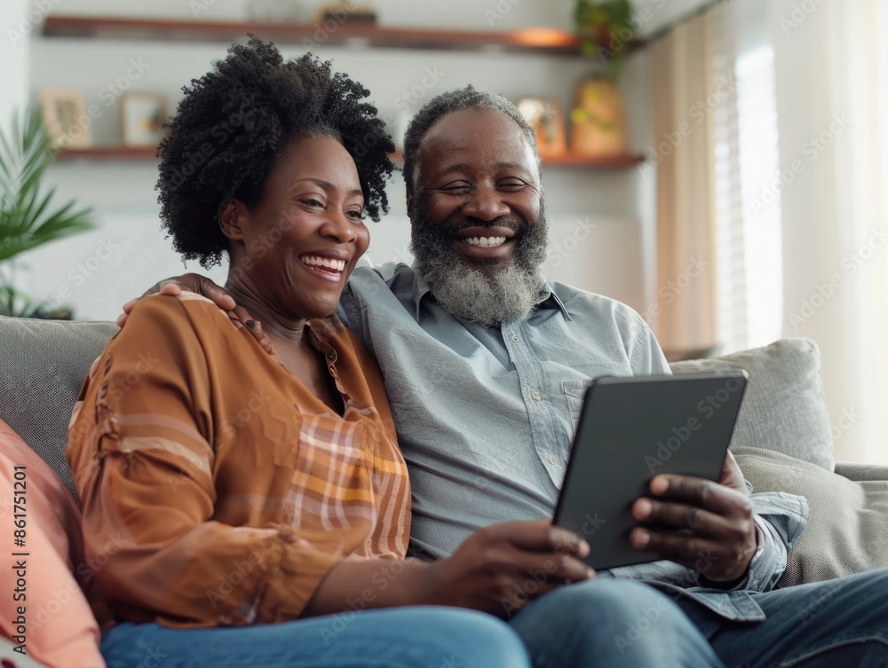A couple sits on a couch together, looking at a tablet A couple sits on a couch together, looking at a tablet