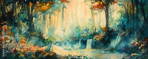 A watercolor painting of a mystical forest inhabited by fairies, unicorns, and other fantastical creatures.