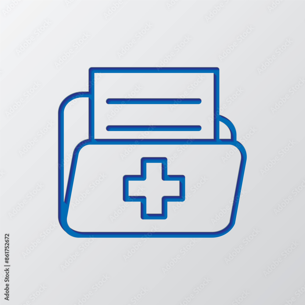 Obraz premium Medical history, folder simple icon vector. Flat design. Paper cut design. Cutted blue symbol with shadow. Gray background