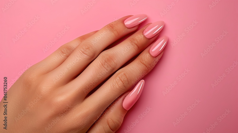 Semi-close-up of a woman showing off her new manicure, pastel pink background, high detail on nails, ample copy space Semi-close-up of a woman showing off her new manicure, pastel pink background, high detail on nails, ample copy space