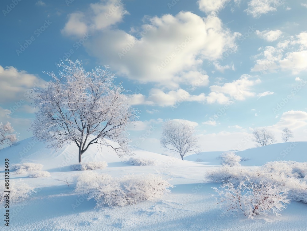 A serene winter scene featuring a snow-covered field, trees, and bushes A serene winter scene featuring a snow-covered field, trees, and bushes