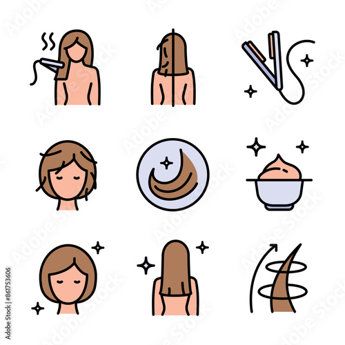 Hair straightener icons set for hair care treatment and beauty or woman salon, color vector. Hair straightener appliance for female haircut straightening and haircare cosmetic treatment symbols