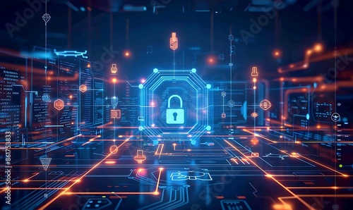 A futuristic, abstract background with geometric patterns and neon lines, illustrating cyber resilience with icons representing threat detection, incident response, and continuity planning