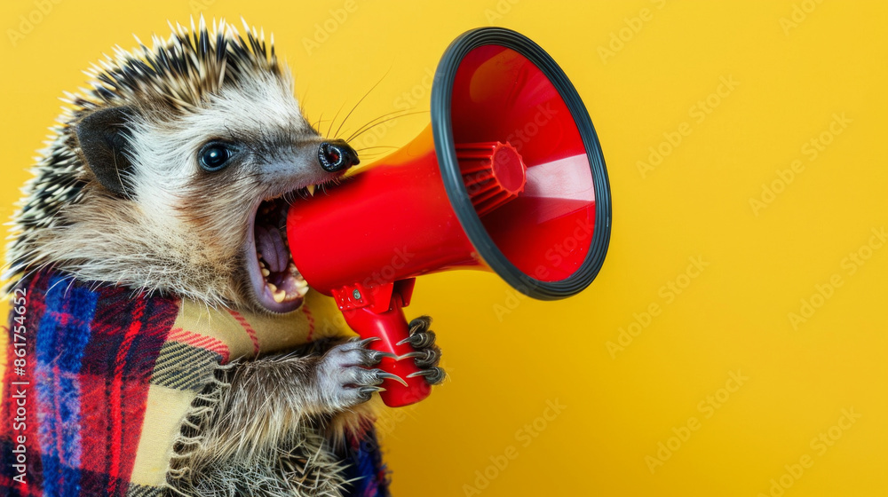 Fototapeta premium Amusing Hedgehog with Megaphone - Charming Hedgehog in Scarf Yelling into Red Megaphone on Vibrant Yellow Background