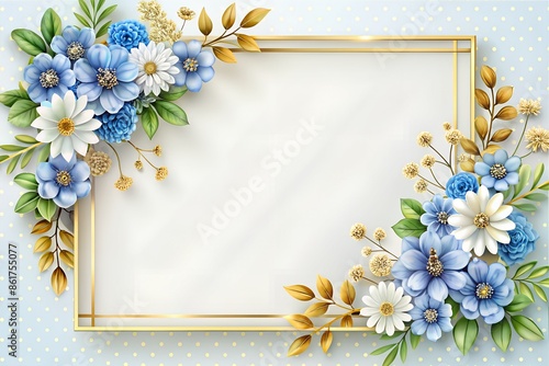 Elegant flowers white and blue, blank card frame, design © Aljona