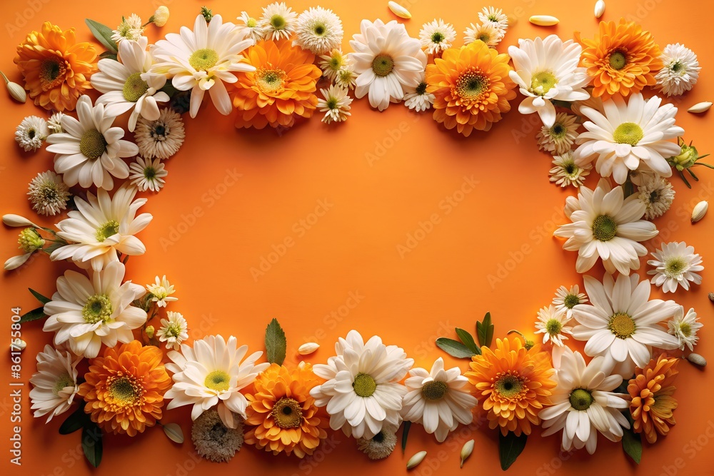 A frame made of orange and white flowers on a orange background A frame made of orange and white flowers on a orange background