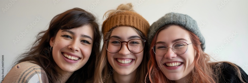 Three friends, smiling widely and posing together, creating a cheerful and lively atmosphere. Their camaraderie and happiness are evident, highlighting friendship. Three friends, smiling widely and posing together, creating a cheerful and lively atmosphere. Their camaraderie and happiness are evident, highlighting friendship.