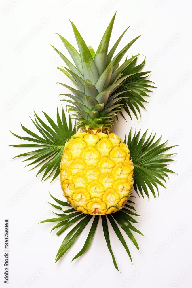 Fototapeta premium Sliced pineapple with green tropical leaves