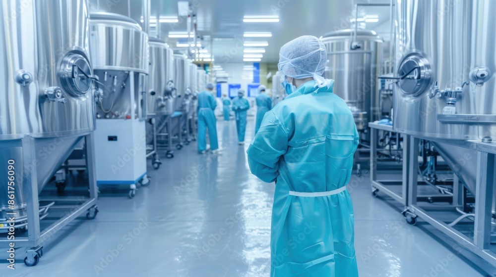 A pharmaceutical worker in a cleanroom environment, wearing protective clothing and overseeing production processes. Ideal for depicting the pharmaceutical industry and hygiene standards.